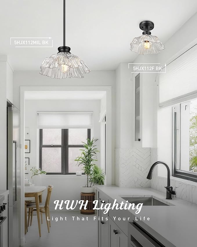 Black Pendant Lights Kitchen Island, HWH Hanging Light Fixtures for Dining Room, Bedroom, 10 Inch Glass Pendant Light with Clear Flower Glass, Matte Black Finish, 5HJX112MIL BK