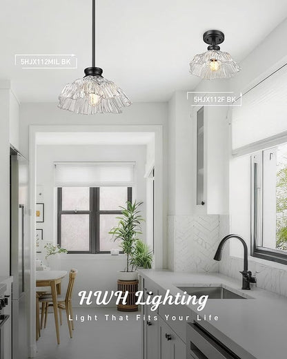 Black Pendant Lights Kitchen Island, HWH Hanging Light Fixtures for Dining Room, Bedroom, 10 Inch Glass Pendant Light with Clear Flower Glass, Matte Black Finish, 5HJX112MIL BK