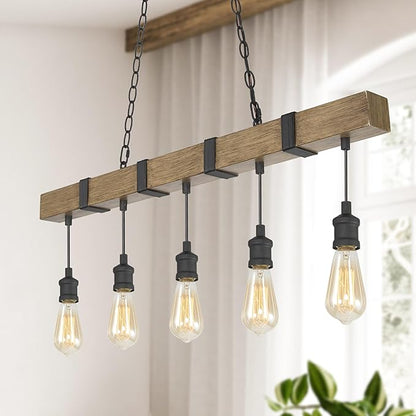 LALUZ Kitchen Island Lighting, 5-Light Farmhouse Linear Chandeliers for Dining Room, 35.5'' Rustic Faux Wood Island Lights for Kitchen