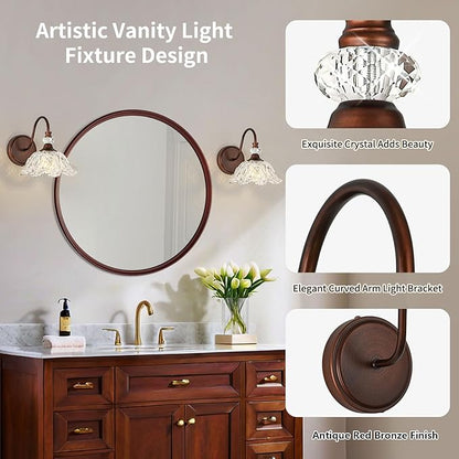 1-Piece Antique Red Bronze Vintage Wall Sconce with Floral Clear Glass Shade, Farmhouse Wall Mount Lighting for Bathroom,Vintage Bathroom Vanity Light Fixtures