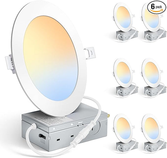 MAXvolador 6 Inch Ultra-Thin LED Recessed Ceiling Light with Junction Box 1200LM High Brightness 6-Pack, 5CCT 3000K/3500K/4000K/5000K/6500K Selectable, Dimmable Canless Wafer Downlight 12W 110W Eqv