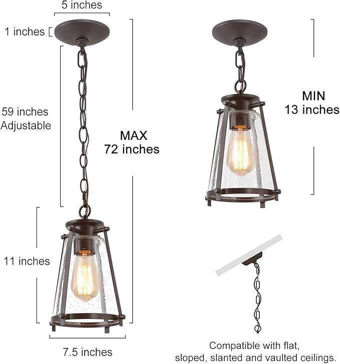 Farmhouse Pendant Lighting for Kitchen Island, Rustic Hanging Light Fixture with Seeded Glass Shade for Bedroom, Foyer and Entryway, Bronze