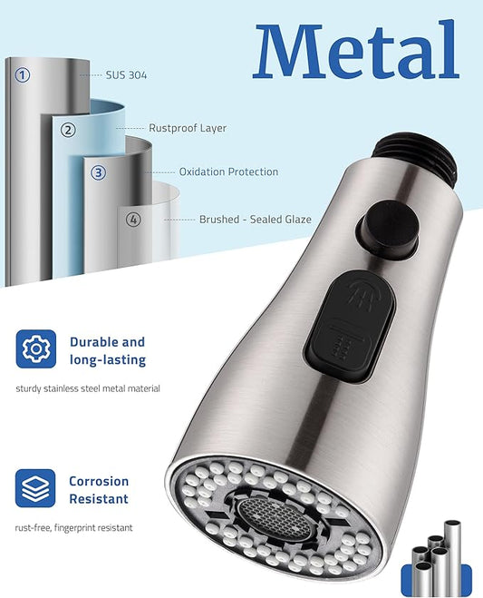Metal Kitchen Faucet Head Replacement, Low-Lead Sprayer Head for Pull Down Sink Faucet, 15 Adapters 3-Mode Stainless Steel Spray Nozzle, Compatible with Delta, Moen, Kohler, Brushed Nickel