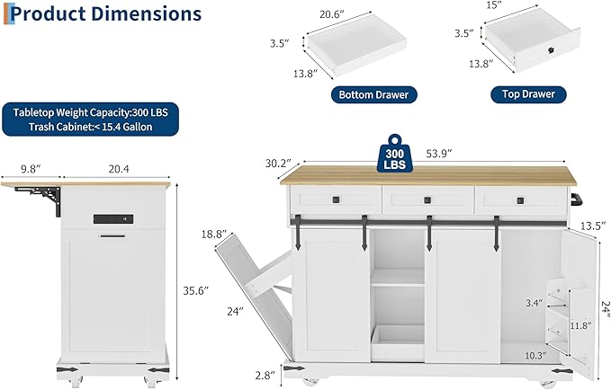 Large Rolling Kitchen Island with Power Outlet, Mobile Kitchen Cart on Wheels with Drop Leaf, 3 Drawers, Trash Can Storage, Spice Rack, Towel Holder, Kitchen Island Table for Dining Room, Home, White