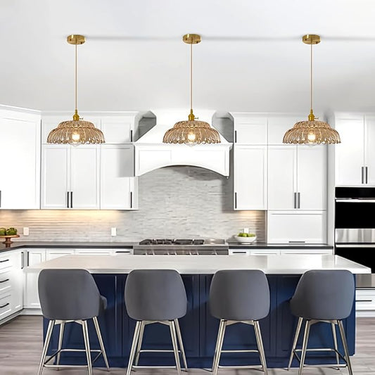 Pendant Light with Amber Striped Glass Lmapshade, Brass Vintage Pendant Light Adjustable Hanging Light for Kitchen Island Dining Room Hallway
