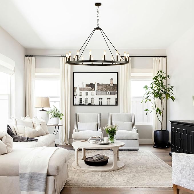 Black Wagon Wheel Chandelier Farmhouse: 16-Light 43 Inch Large Chandeliers for High Ceilings, Round Matte Black Chandelier for Dinning Room, Kitchen Island, Living Room, Foyer, Entryway
