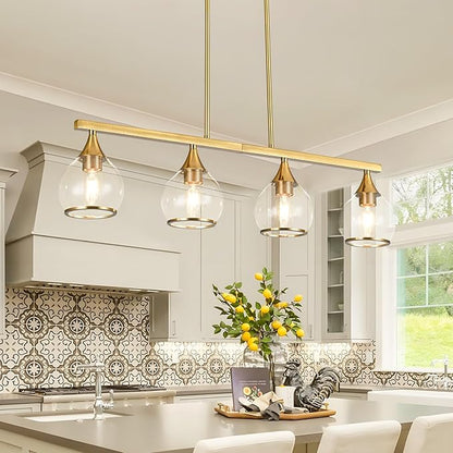 Island Light for Kitchen, 4-Light Gold Kitchen Island Linear Hanging Pendant Chandeliers, Brushed Gold Dining Room Light Fixture Over Table with Clear Round Glass Shades