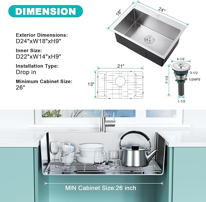 24x18 Inch Drop in Kitchen Sink, 304 Stainless Steel Single Bowl with Bottom Grid Mat & X-Shape Drain, 9" Deep Compact Sink for Small Kitchen, Apartment, RV, Wet Bar, Office, Laundry Room