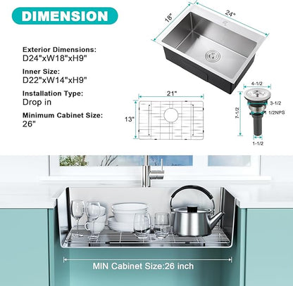 24x18 Inch Drop in Kitchen Sink, 304 Stainless Steel Single Bowl with Bottom Grid Mat & X-Shape Drain, 9" Deep Compact Sink for Small Kitchen, Apartment, RV, Wet Bar, Office, Laundry Room