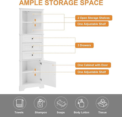 69" H Tall Corner Cabinet with Adjustable Shelves and Drawers, Storage Bookshelf Space Saver for Bathroom or Kitchen, White