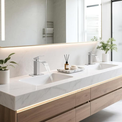 Brushed Nickel Bathroom Faucets *2, Waterfall Bathroom Sink Faucet Modern Single Handle Bathroom Faucte 1 or 3 Hole, RV Mixer Tap Vanity Faucet - Includes Pop-up Drain
