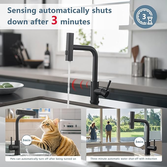 GIMILI Matte Black Touchless Kitchen Faucet with Pull Down Sprayer, 15” Hight Single Hole Handle Kitchen Sink Faucets