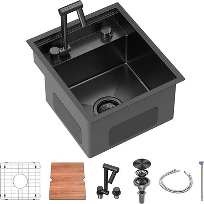 Outdoor Kitchen Sink 15x18 Inch with Foldable Faucet, Nano Black 16 Gauge Stainless Steel RV Camper Bar Prep Workstation Sink with Cutting Board Cover, Bottom Grid & Drain Kit
