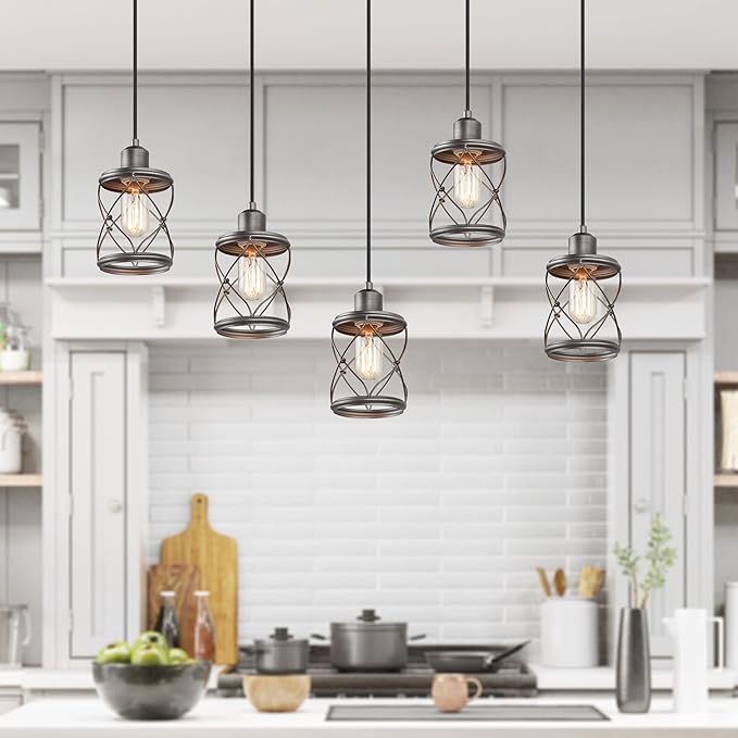 LOG BARN Farmhouse Cage Pendant Light Fixtures, Mini Rustic Industrial Hanging Pendant Lighting with Brushed Finish for Kitchen Island, Foyer, Hallway, Bedroom and Entryway