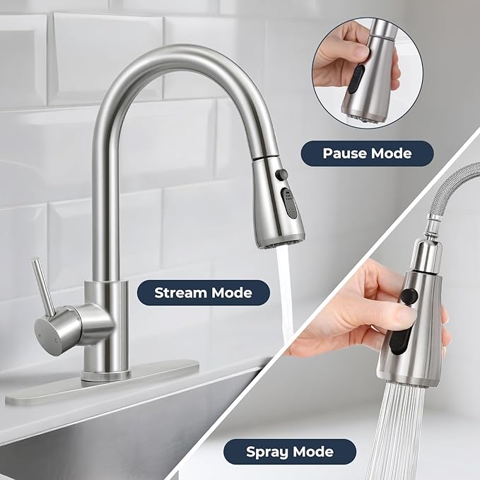 FGKQ Kitchen Faucet with Pull Down Sprayer,Kitchen Sink Faucet with Sprayer and Deck, Commercial Faucet for Kitchen Sink Stainless Steel,Single Handle, Suitable for RV/Bar Sink,Brushed Nickel
