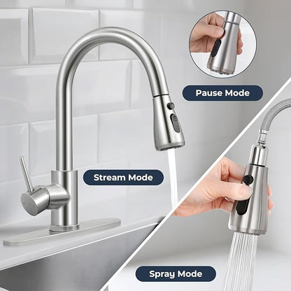 FGKQ Kitchen Faucet with Pull Down Sprayer,Kitchen Sink Faucet with Sprayer and Deck, Commercial Faucet for Kitchen Sink Stainless Steel,Single Handle, Suitable for RV/Bar Sink,Brushed Nickel