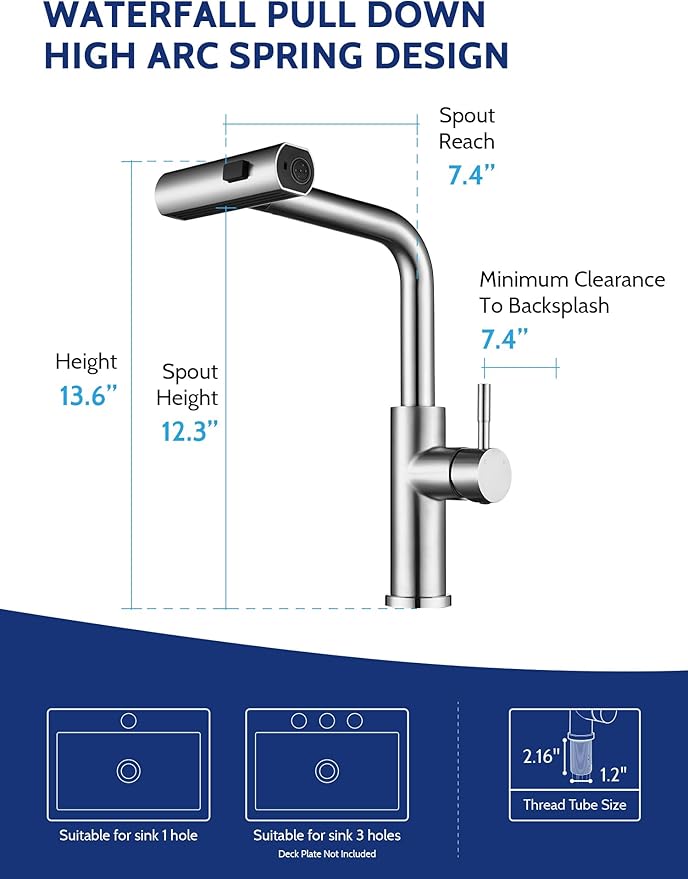 Kitchen Faucet with Pull Down Sprayer, Waterfall Single Hole Single Handle Sink Faucets with Pull-Down Sprayer for RV Kitchen Camper, Brushed Nickel Waterfall