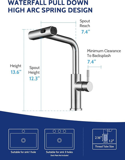Kitchen Faucet with Pull Down Sprayer, Waterfall Single Hole Single Handle Sink Faucets with Pull-Down Sprayer for RV Kitchen Camper, Brushed Nickel Waterfall
