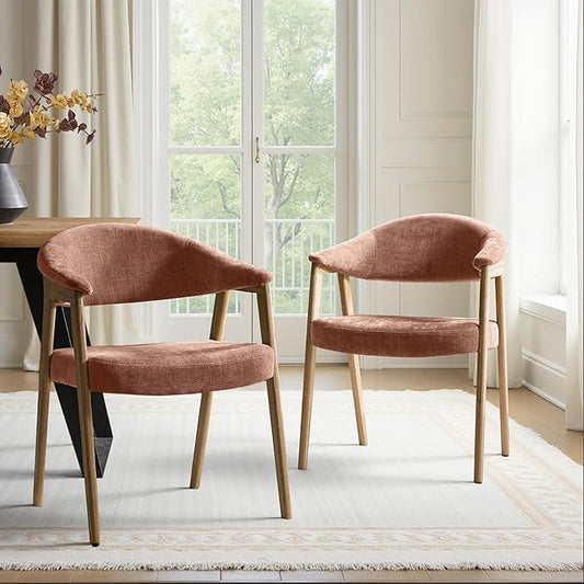 HULALA HOME Dining Chairs Set of 2, Mid-Century Modern Upholstered Dining Room Chair with Armrest, Curved Backtrst & Solid Wood Legs, Kitchen Side Chairs for Resurant, Living Room - Coral