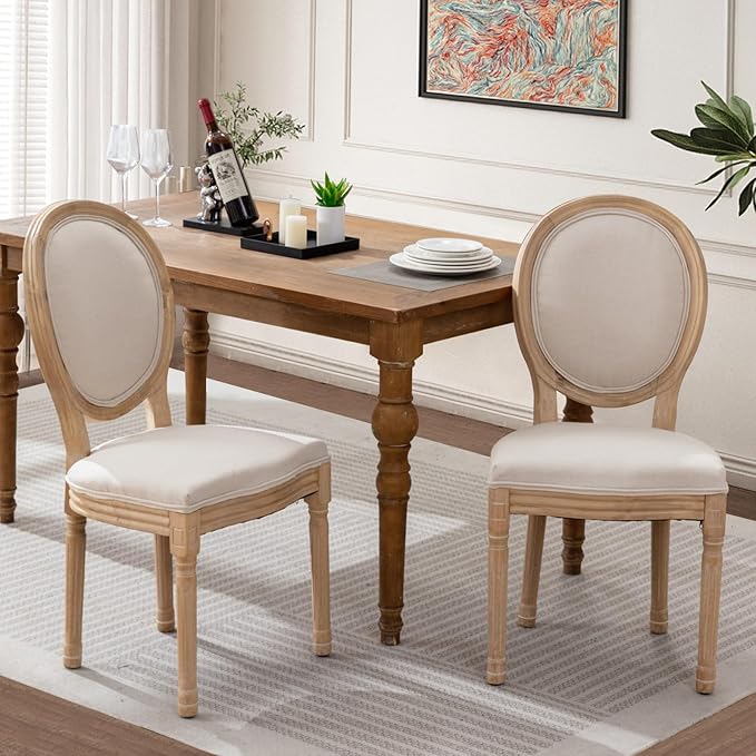 SoarFlash Linen French Dining Chairs Set of 2, Vantage Dining Chair with Round Back, Wood Leg Farmhouse Country Dining Chair for Living Room,Kitchen,Bedroom,Beige