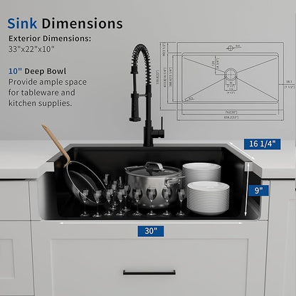 33 Inch Farmhouse Sink Black, 16 Gauge 304 Stainless Steel Farm Sinks, Drop In Topmount Single Bowl Workstation Sink with all Accessories, 33" x 22" x 10" Deep Kitchen Sink