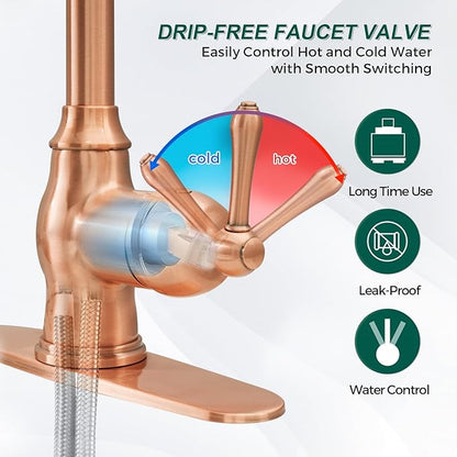 Akicon One-Handle Pre-Rinse Pull-Down Spring Copper Kitchen Faucet - Including 5Years Warranty Akicon …