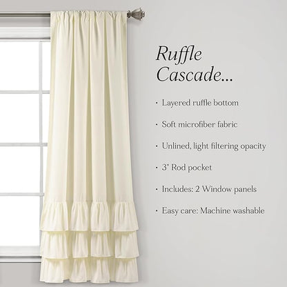 Lush Decor Allison Ruffle Light Filtering Window Curtain Panels Pair 40" W x 63" L Ivory - Coquette Curtains for Bedroom - Drapes - Ruffle Curtains Kids