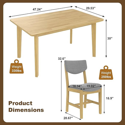 VilroCaz Rustic 5-Piece Dining Set, Solid Wood Rectangle Table with 4 Upholstered Chairs, Farmhouse-Style Dining Furniture for Kitchen & Dining Room, Minimalist Dining Set for 4 (Natural-1.21)