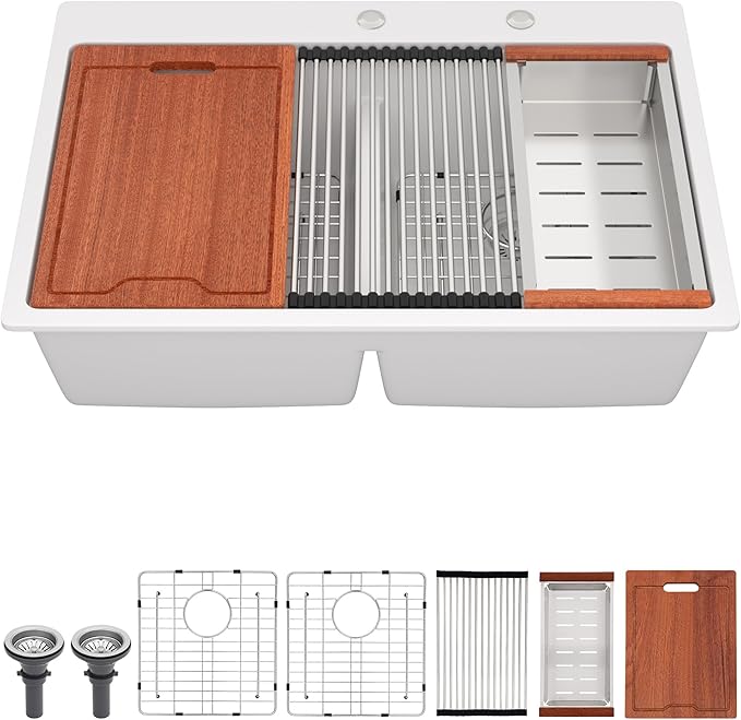 33 Granite Composite Kitchen Sink Double Bowl - Fulorni 33"x22" Granite Kitchen Sink White Ledge Workstation Drop in Topmount Double Bowl 50/50 Quartz Classic Above Counter Basin