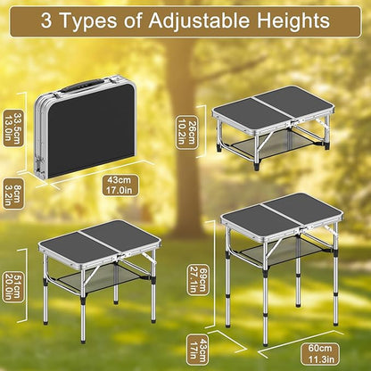 Folding Camping Table, 2 FT Folding Portable Camping Table, Outdoor&Indoor Picnic Table with 3 Adjustable Height Max 27.1",Lightweight Aluminum Camping Tables, Car Camping Essentials-Black