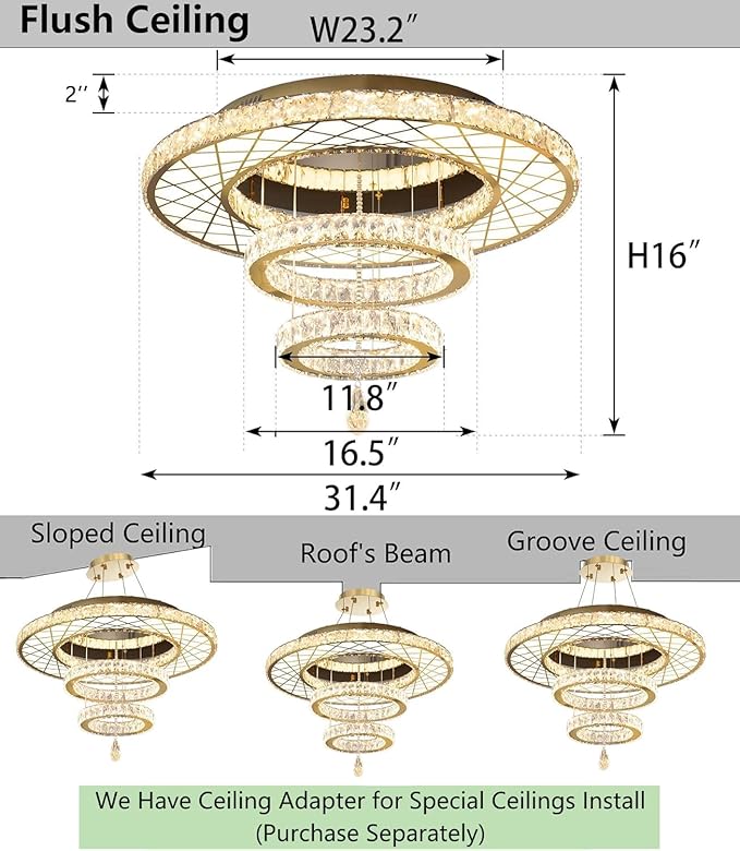 HAIXIANG LED Chandeliers for Dining Room Ceiling Light, 32in Flush Mount Chandelier Light Fixtures with Dimmable Lights Bright Lighting for Living Room Bedroom Entryway Gold