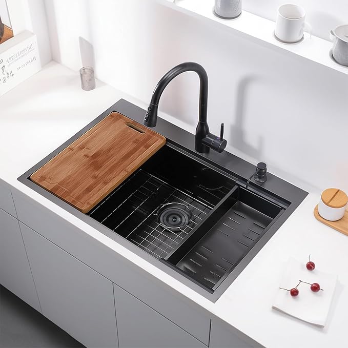 VCCUCINE 33x22 Inch Black Drop In Kitchen Sink,33 Gunmetal Black Single Bowl Stainless Steel Topmount Workstation Kitchen Sink Laundry Sink,Top mount 2 Hole Kitchen Sink with Cutting Board & Strainer