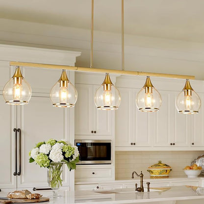 Island Light for Kitchen, 5-Light Gold Kitchen Island Linear Hanging Light Chandeliers, Brushed Gold Dining Room Light Fixture Over Table with Clear Round Glass Shades