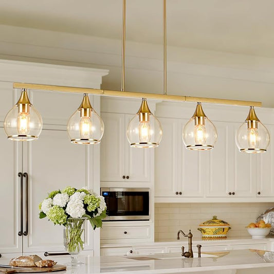 Island Light for Kitchen, 5-Light Gold Kitchen Island Linear Hanging Light Chandeliers, Brushed Gold Dining Room Light Fixture Over Table with Clear Round Glass Shades