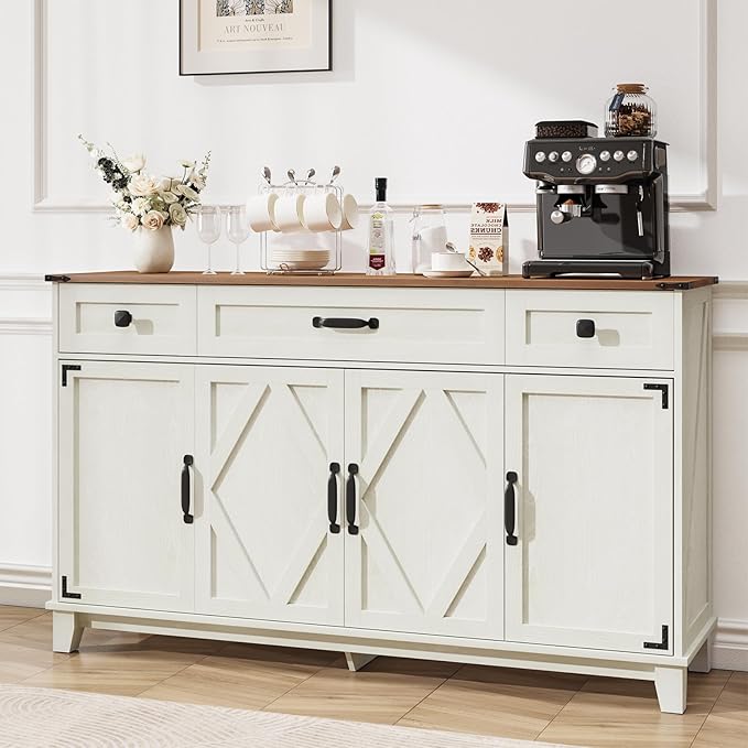 Farmhouse Buffet Cabinet with Drawers, 55" Large Sideboard Kitchen Buffet Storage Cabinet with 3 Adjustable Shelves and Doors Heightened Table Wood Coffee Bar for Kitchen Living Room, Off-White
