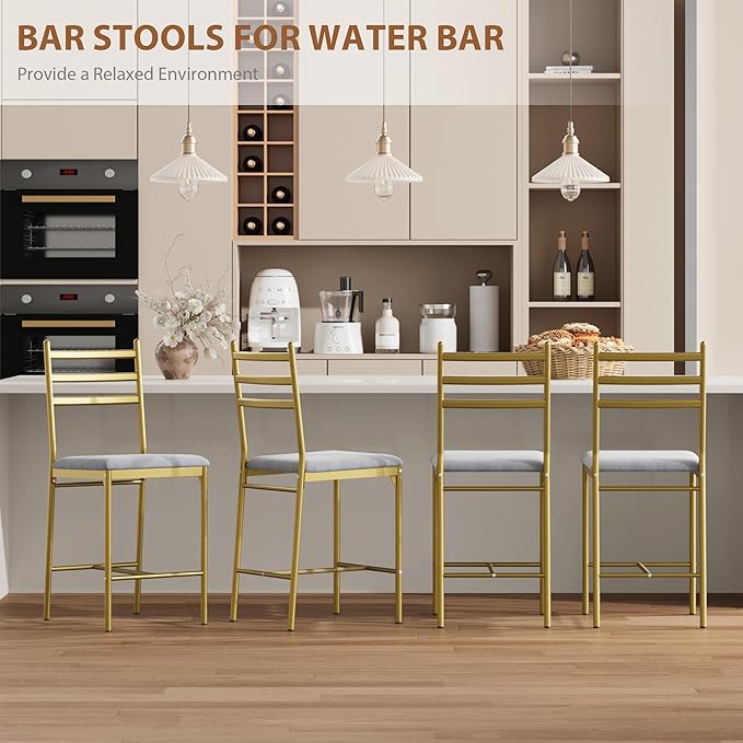GarveeHome Bar Stools Set of 2, Counter Height Bar Chairs with Back and Thick Cushion, Upholstered Dining Chairs with Padded Seat, Barstools for Kitchen Island, Bar, Dining Room, Retro Gold