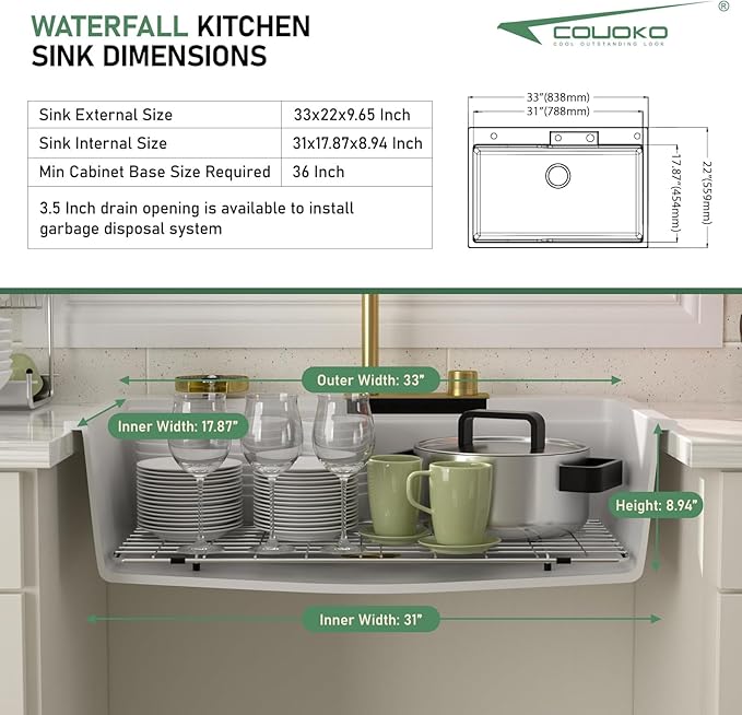 33x22 Drop In Waterfall Kitchen Sink White Granite Composite Smart Kitchen Sink Multifunction Single Bowl Top Mount White Multifunctional Waterfall Smart Sinks with Faucet Combo Glass Rinser