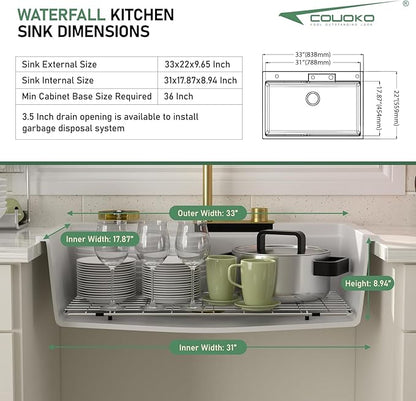 33x22 Drop In Waterfall Kitchen Sink White Granite Composite Smart Kitchen Sink Multifunction Single Bowl Top Mount White Multifunctional Waterfall Smart Sinks with Faucet Combo Glass Rinser
