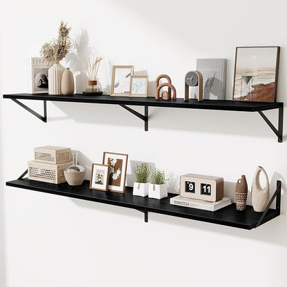 Acovy Deep Floating Shelves,55" Wx10 D Wood Wall Shelves Set of 2,Long Wood Floating Shelf with Metal Brackets,Floating Bookshelf for Living Room,Kitchen,Office,Bedroom,Decor Storage,Black