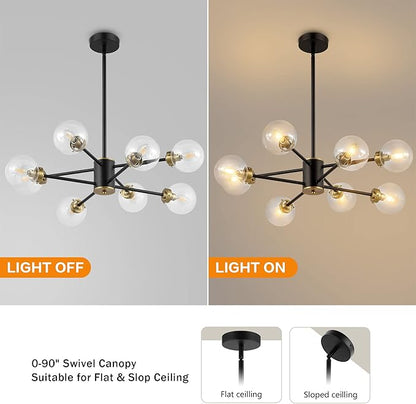WINGBO 8-Light Sputnik Chandelier, Modern Pendant Light Fixture with 4.7" Clear Glass Globe Shade for Flat and Slop Ceiling, Height Adjustable for Kitchen Living Room Dining Room Bedroom, Black