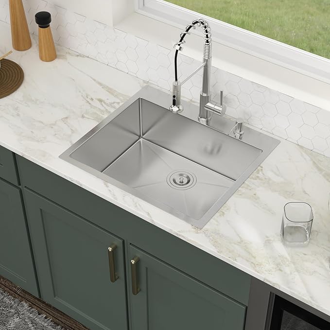 25x22 Drop in Kitchen Sink 25 Inch Stainless Steel Sinks 16 Guage 304 Single Bowl 9'' Deep Sinks with Drain Assembly LMT25229
