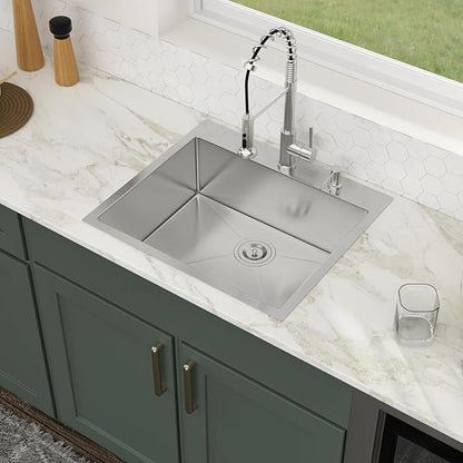 25x22 Drop in Kitchen Sink 25 Inch Stainless Steel Sinks 16 Guage 304 Single Bowl 9'' Deep Sinks with Drain Assembly LMT25229