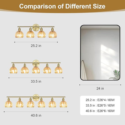 Vintage Bathroom Light Fixtures,5-Light Hardwired Vanity Lights with Amber Tulip Glass Shade,Gold Bathroom Vanity Light for Mirror Restroom,E26 Socket,33.46 in(Bulbs Not Included)