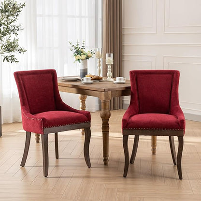 Ball & Cast Mid-Century Upholstered Dining Chairs Set of 2, Thickened Fabric Wing Back Kitchen Side-Chairs with Bronze Nail Head & Toned Solid Wood Legs, 2-Piece Traditional Chair, Wine Red