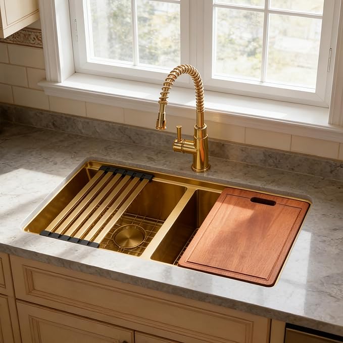 MILOSEN 32 Inch Gold Undermount Kitchen Sink, 50/50 Double Bowl Workstation Sink with Integrated Ledge & Accessories,10''Large and Deep T304 Stainless Steel Handmade Sinks