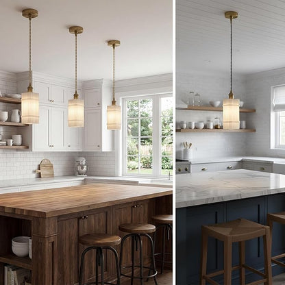 3Pack Milk Glass Striped Kitchen Island Pendant Lights, Vintage Dining Room Light Fixture - Adjustable Hanging Light Set for Dining Room, Bedside, Vanity Area, Hallway & Entryway