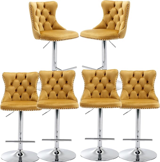 Rhomtree Velvet Swivel Bar Stools Upholstered Bar Stool with Button Tufted Back and Pull Ring Height Adjustable Barstools 25-33 Inch for Home Pub and Kitchen Island (Gold with Silver Base, Set of 6)