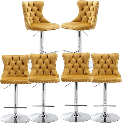 Rhomtree Velvet Swivel Bar Stools Upholstered Bar Stool with Button Tufted Back and Pull Ring Height Adjustable Barstools 25-33 Inch for Home Pub and Kitchen Island (Gold with Silver Base, Set of 6)