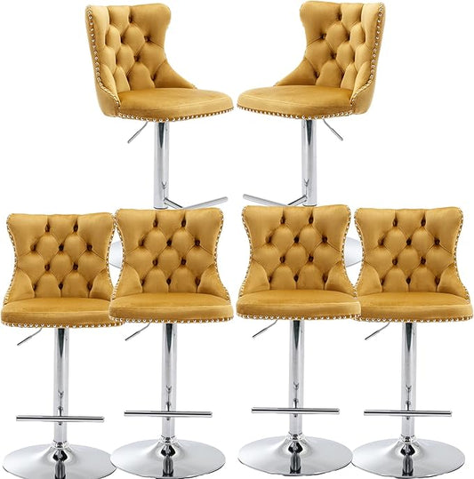 Rhomtree Velvet Swivel Bar Stools Upholstered Bar Stool with Button Tufted Back and Pull Ring Height Adjustable Barstools 25-33 Inch for Home Pub and Kitchen Island (Gold with Silver Base, Set of 6)