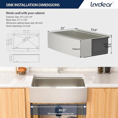 Lordear 33 Farmhouse Sink Stainless Steel Apron Front Ledge Workstation Deep Single Bowl 16 Gauge Stainless Steel Kitchen Farm Kitchen Sinks with Accessories, 9" Apron Height